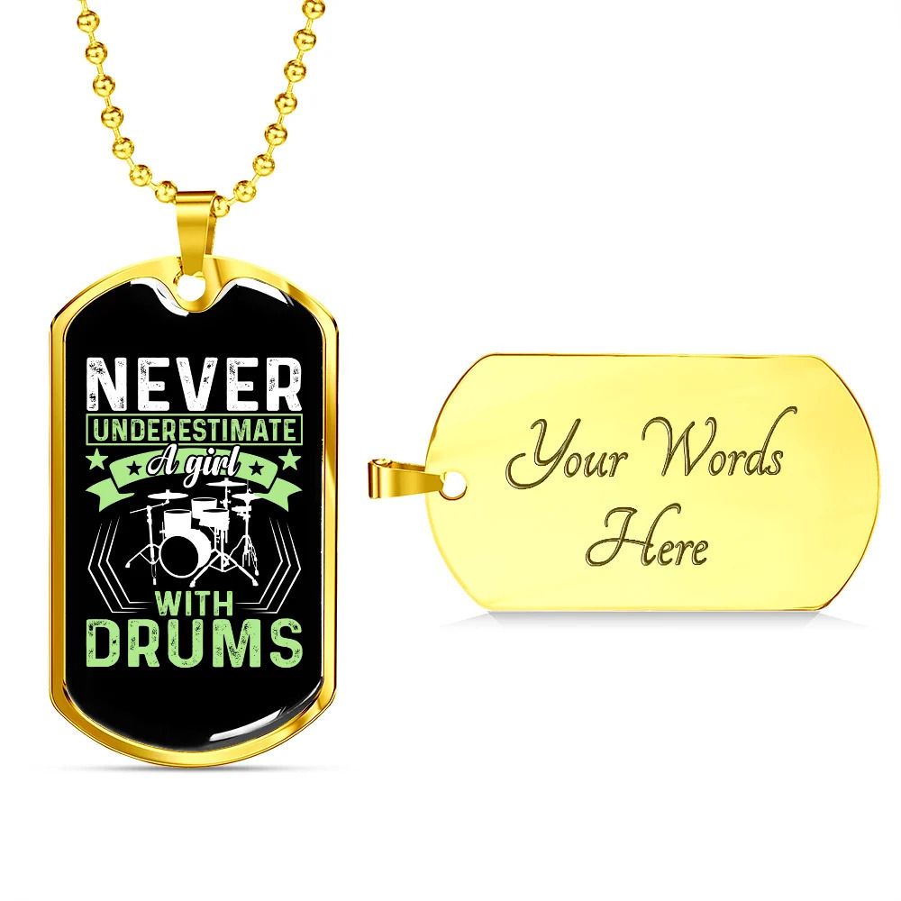 Drummer Necklace A Girl With Drums Personalized Engraved Gold Dog Tag Necklace